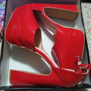 Red Patent Platform Block Heel Sandals - Women